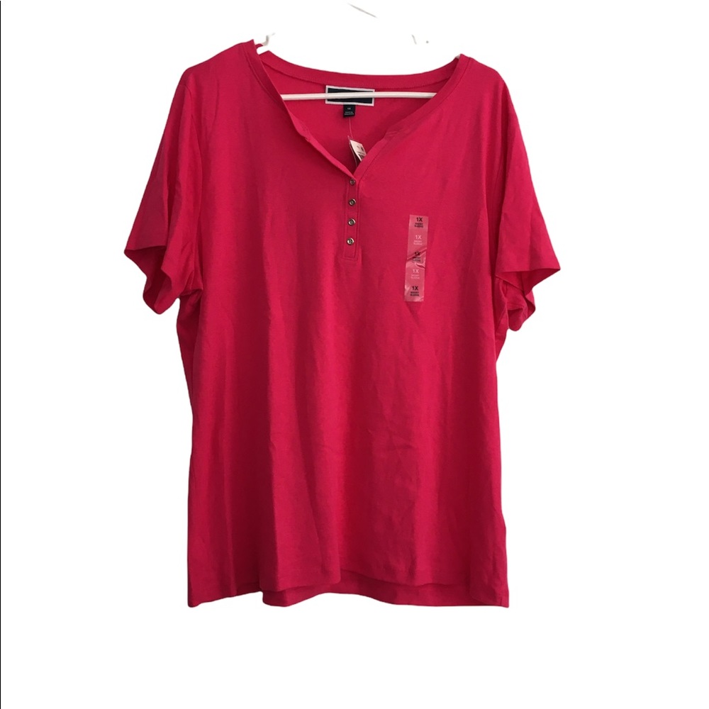 Karen Scott Shirt Plus Size 1X Pink peacock v neck short sleeves